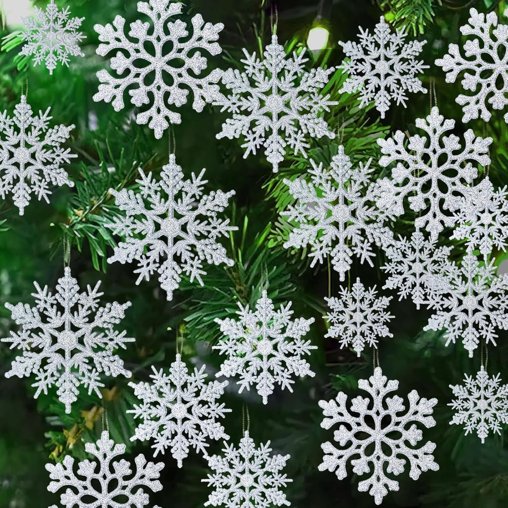 36pcs Christmas Silver Snowflake Ornaments Plastic Glitter Snow Flakes Ornaments for Winter Christmas Tree Decorations Size Varies Craft Snowflakes