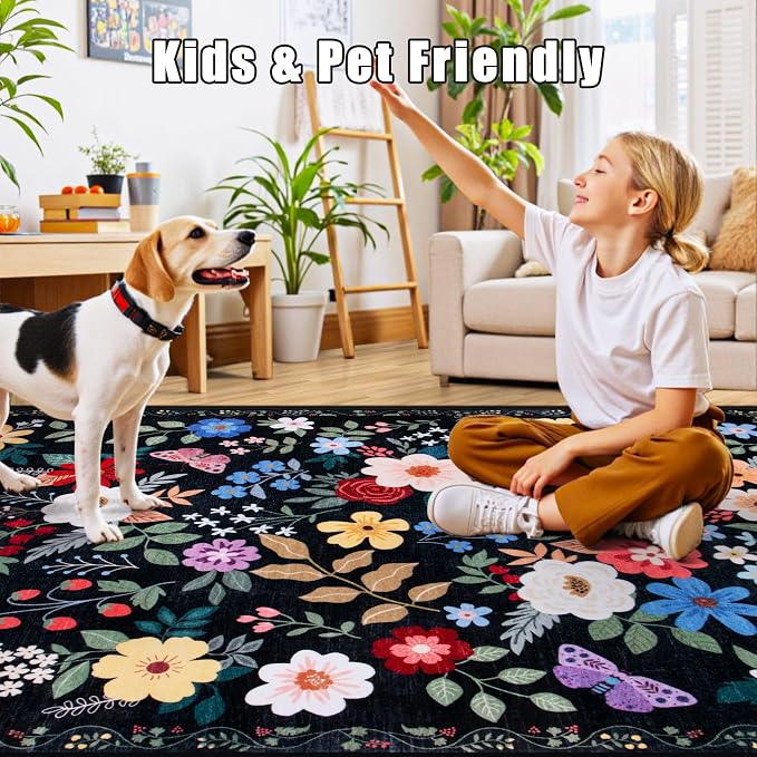 PLHXFR 2.6x14 Washable Runner Rug：Floral Indoor Kitchen Soft Carpet Black | - Image 6