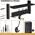 Sorbus Coat Hooks Wall Mount with Shelf – 16 Inch Coat Rack Wall Mount with 5 Heavy Duty Hooks – Floating Wall Shelf with Hooks for Entryway, Bathroom, Bedroom, Kitchen, or Mudroom (Black)