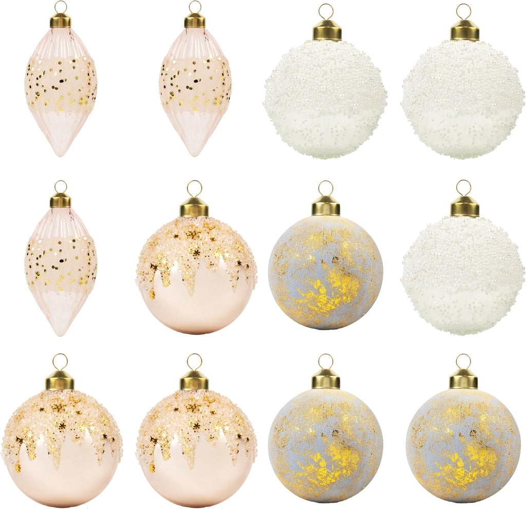 Papyrus 12 Piece Soft Snow Glass Ornament Set, 3.15" Dia, 4 Styles Equally Assorted