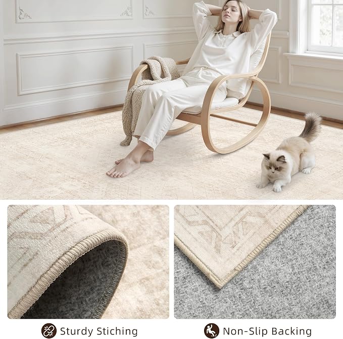 Area Rugs 9x12 Living Room: Bedroom Neutral Washable Carpet Beige | Large - Image 4