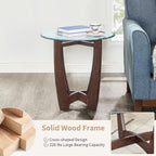 Glass End Table, 23.5" Round Side Tables with Tempered Glass Top Cross and Solid Wood Base Small Night Stand for Living Room Office Apartment Cherry
