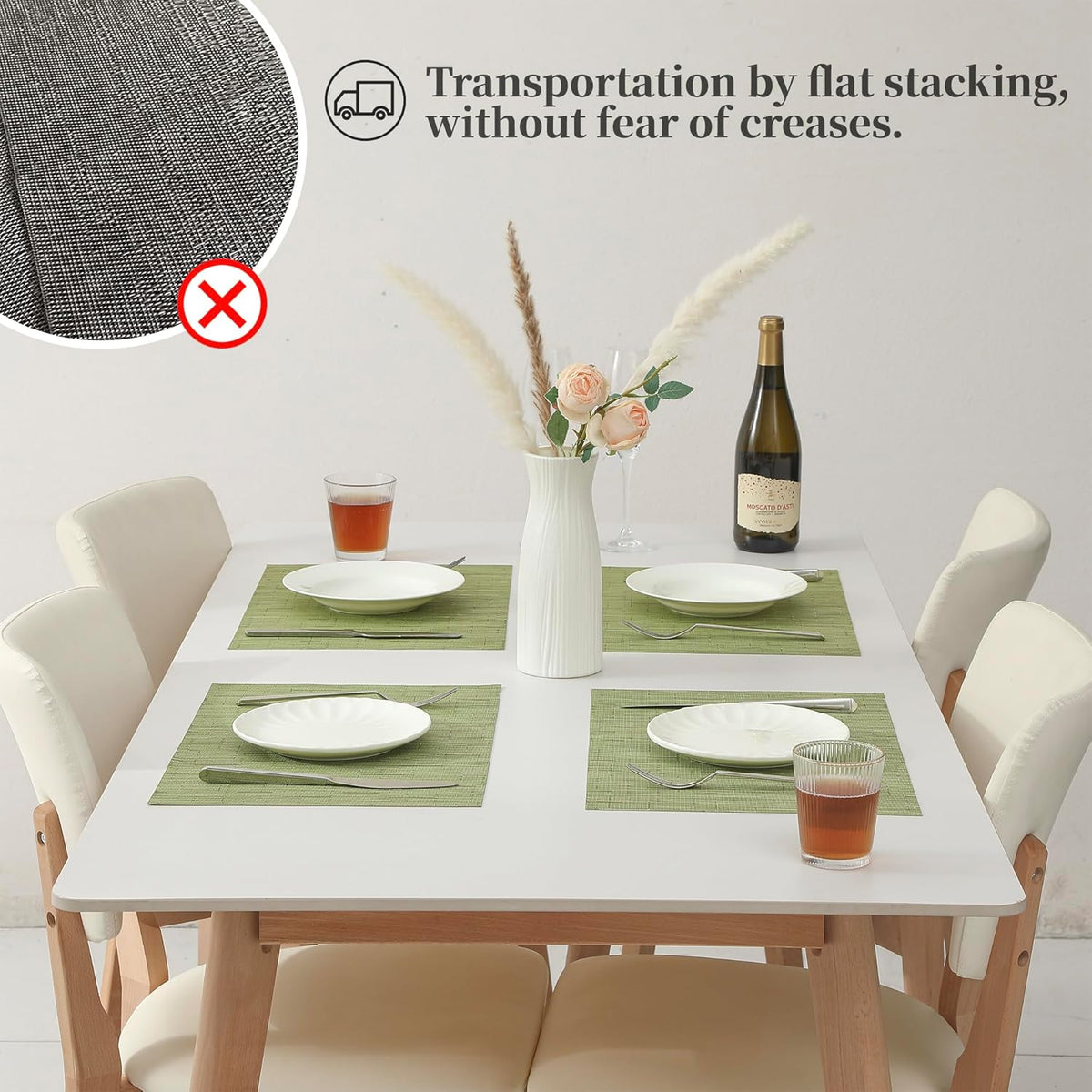 Leetaltree Pea Green Placemats Set of 8 - Heat Resistant Non-Slip Place mats for Dining Table, Washable Durable PVC Vinyl Woven Table Mats（Pea Green, 8）