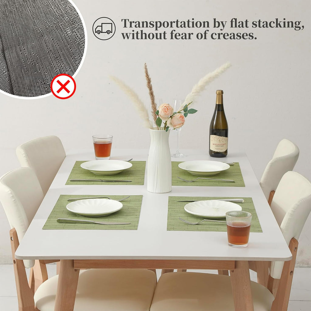 Leetaltree Pea Green Placemats Set of 6 - Heat Resistant Non-Slip Place mats for Dining Table, Washable Durable PVC Vinyl Woven Table Mats（Pea Green, 6）