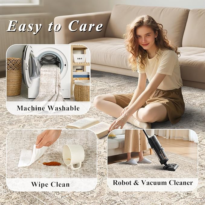 Schweek 2x5 Beige Runner Rug Non-Slip Washable Neutral Rugs - Image 7