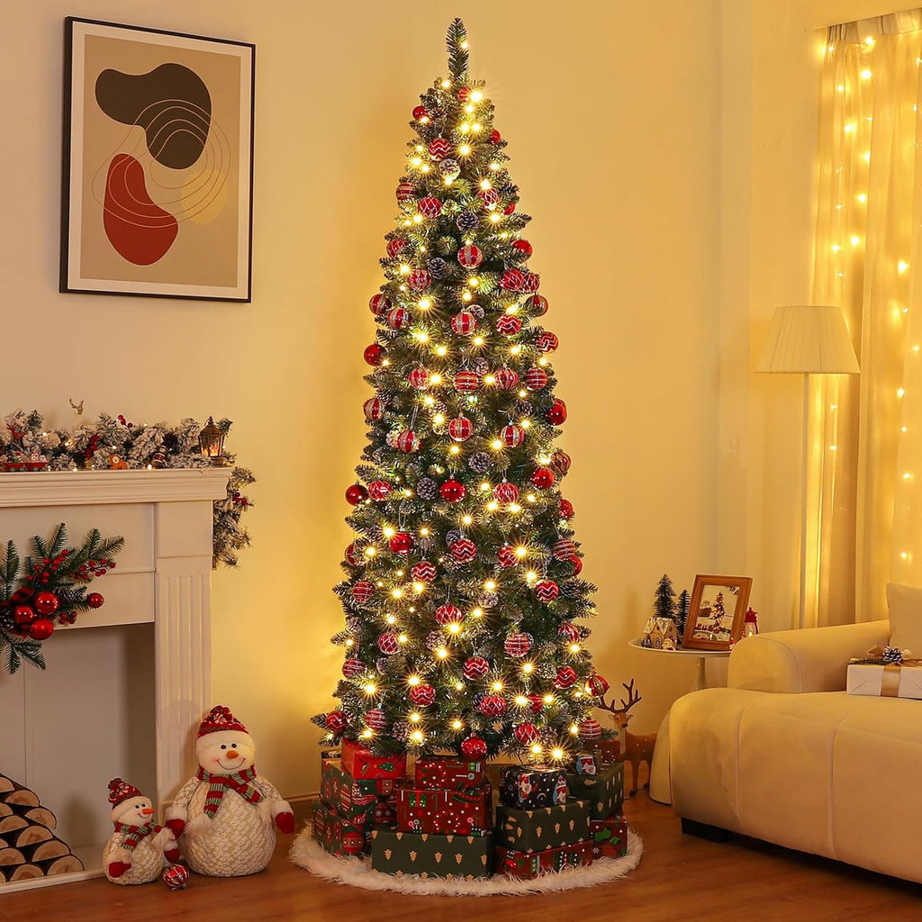 Homde Pencil Christmas Tree 6 Foot Pre-Lit Artificial Christmas Tree with Flocked Snow Pine Cone 160 Warm White Lights Holiday Decor