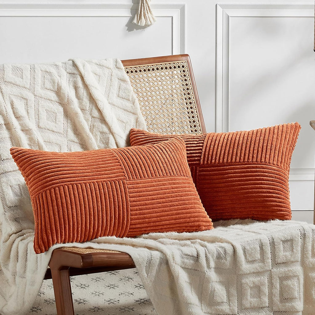 Fancy Homi Set of 2 Burnt Orange Long Lumbar Decorative Throw Pillow Covers 14x24 Inch for Living Room Couch Bed, Boho Farmhouse Fall Home Decor, Soft Corduroy Corss Textured Cushion Case 35x60 cm