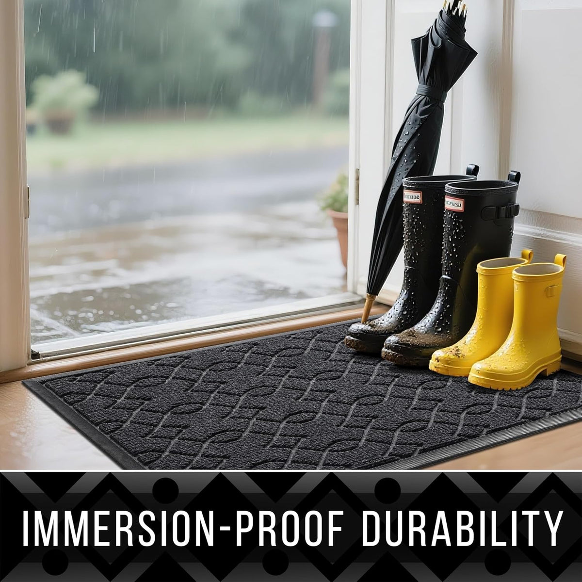 Yimobra Front Door Mat Outdoor Indoor 72x24, All-Season, All-Weather, Heavy Duty Welcome Door Mats Outside Entrance, Non Slip Porch Patio Entrance Mat, Black Gray