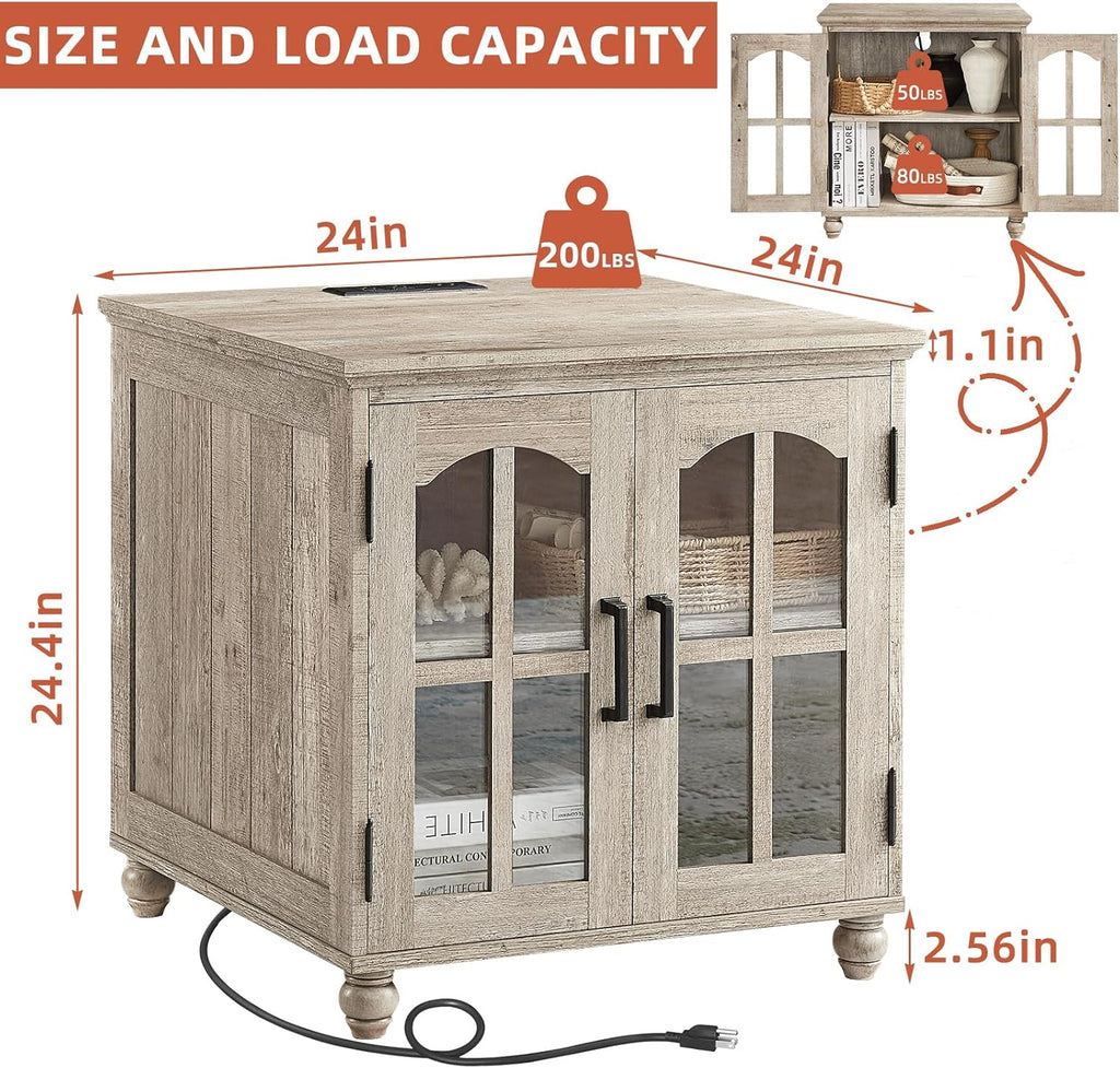 Farmhouse End Table with Charging Station,24" Large Sofa Side Table with Glass Barn Door,Rustic Wood Night Stand with Adjustable Storage Shelf,Square Bedside Table for Living Room,Bedroom Office