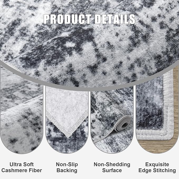 Area Rug Living Room: 4x4 Modern Washable Soft Carpet Dark Black | - Image 6