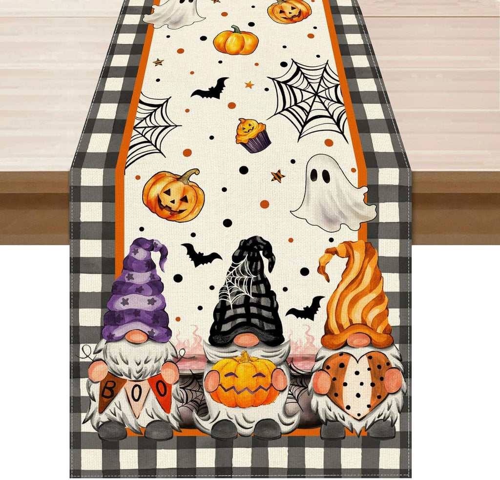 XCHI Spooky Boo Plaid Gnome Halloween Table Runner Party Table Decoration for Home Kitchen Dining Holiday Decor 13x72 Inch