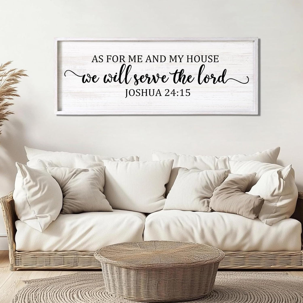 As For Me And My House We Will Serve The Lord Framed Wall Art, 40''×15'' Positive Religious Rustic Bible Verse for Christian God Jesus Christ Prayer, Vintage Horizontal Holy Catholic Scripture Decor