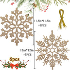 6pcs Large Champagne Gold Snowflakes Ornaments 12” Big Plastic Glitter Snowflake for Winter Indoor Outdoor Christmas Tree Window Room Decorations Giant Craft Snowflakes