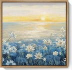 Bathroom Decor Wall Art-Framed Canvas Wall Art Modern Beach Coastal Floral Sunset Boho Ocean Artwork Blue Yellow Lotus Flower Zen Wall Picture for Bedroom Kitchen Office Small