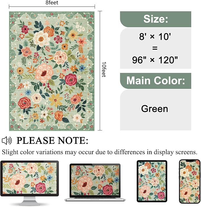 DUKINO 8x10 Area Rugs, Floral Washable Living Room Rug Non Slip, Stain Resistant - Image 2