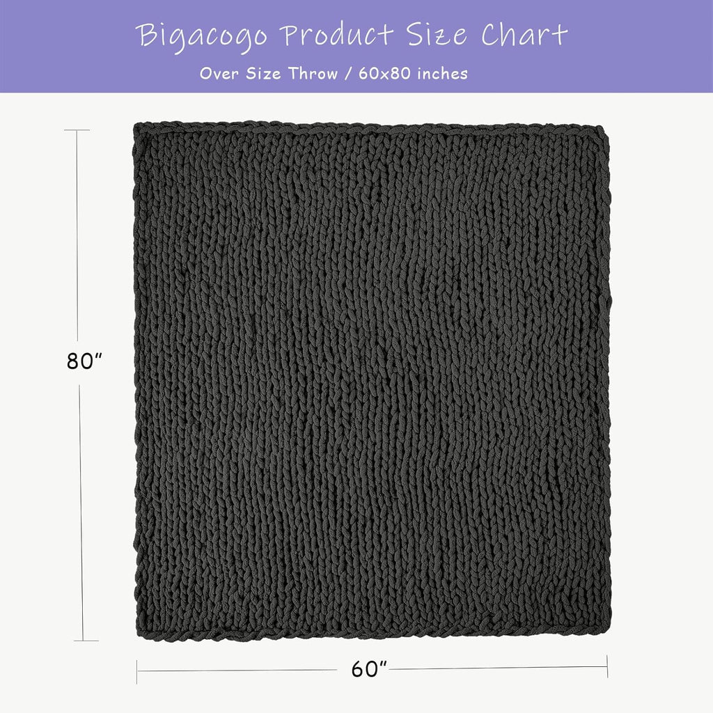 Bigacogo Chunky Knit Throw Blanket for Couch, 60x80 inches, 100% Hand Knitted with Thick Jumbo Chenille Yarn, Cozy Soft Large Rope Knot Cable Crochet Blankets for Sofa Bed Living Room, Dark Grey