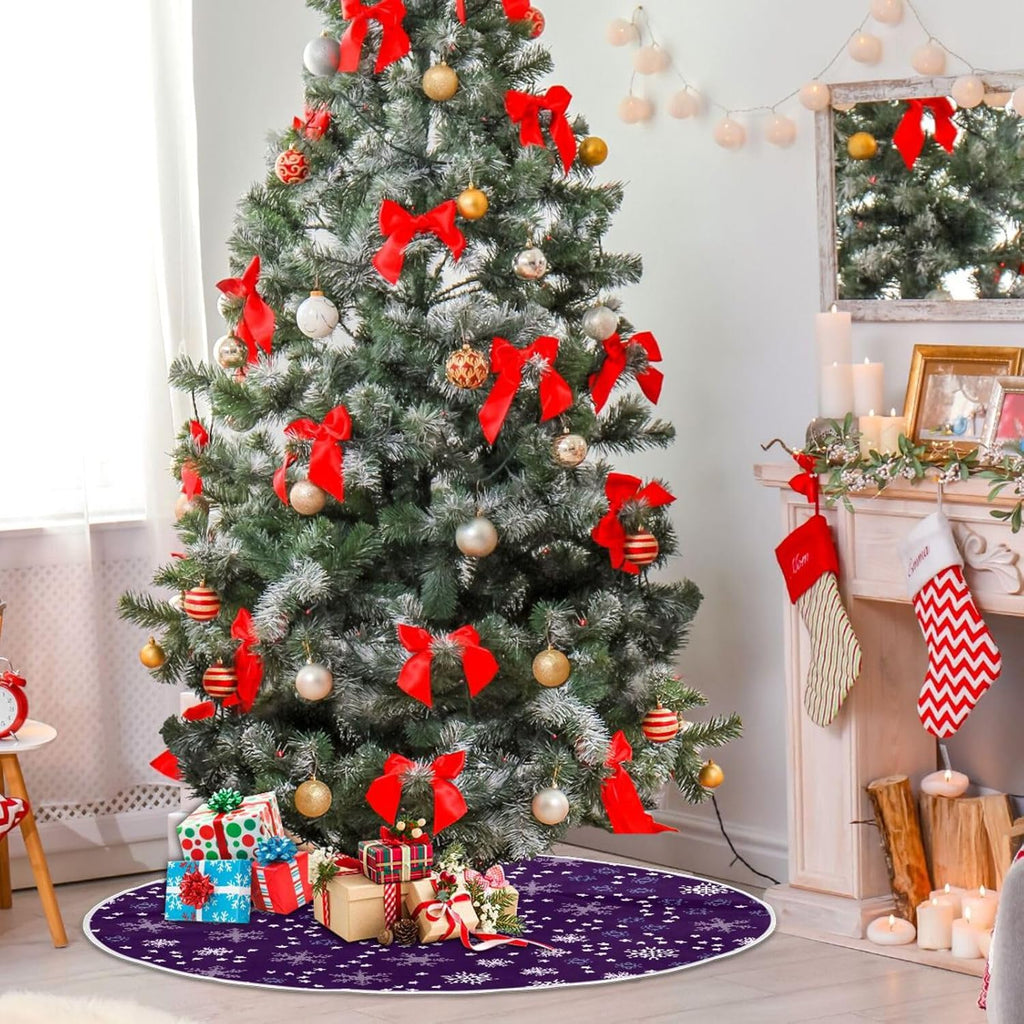 Christmas Purple Snowflakes Tree Skirt, Seasonal Tree Mat Holiday Party Supplies Ornaments Indoor Outdoor Decorations for Tabletop Trees 47.2 Inches