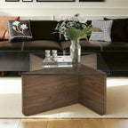 31.5" Glass Coffee Table, MDF Mid-Century Modern Square Coffee Table with Tempered Glass Top, Square Center Tables for Small Space Living Room Office Apartment, Walnut
