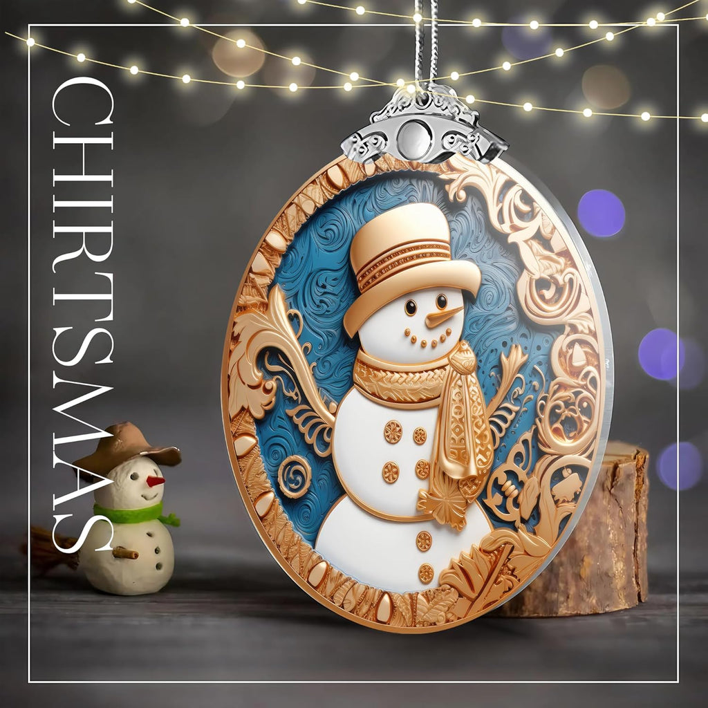 2025 Christmas Ornament, Stained Glass Effections, Christmas Tree 4 Inch Acrylic Ornament Art, White Elephant Gifts Car Interiors Decors, Christmas Decor (Yellow Hat Snowman)