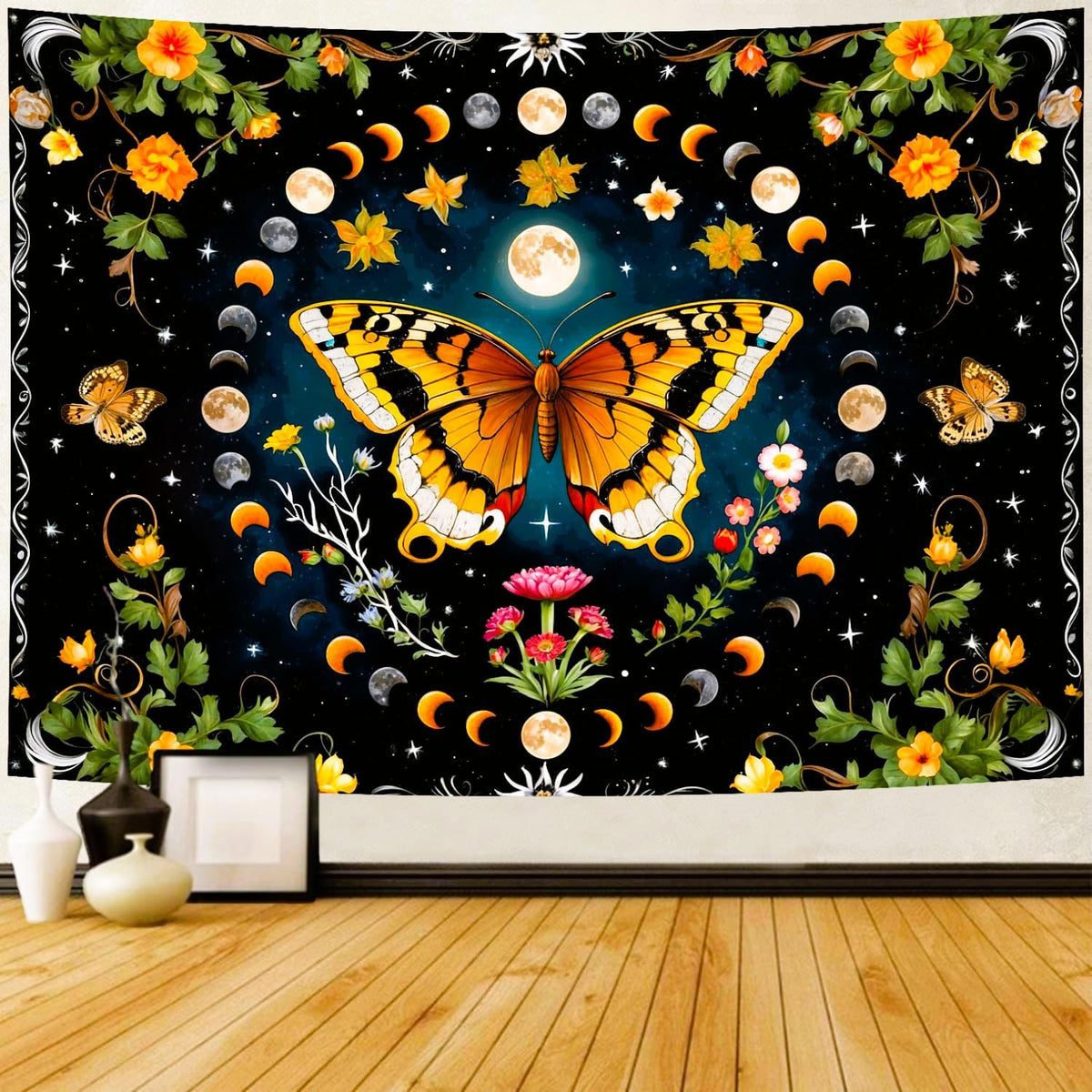 Delur Butterfly Moon Flower Tapestry Botanical Floral Plant Boho Tapestry Wall Hanging Mandala Aesthetic Mushroom Retro Vintage Headboard for Bedroom Living Room Home Decor (51.2" x 59.1")