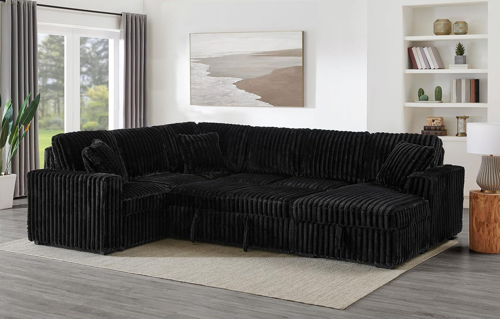 THSUPER 122-Inch Oversized U Shaped Plush Corduroy Fluffy Sectional Sleeper Sofa with Pull Out Bed, Storage Chaise Lounge and USB Charging Port - Black
