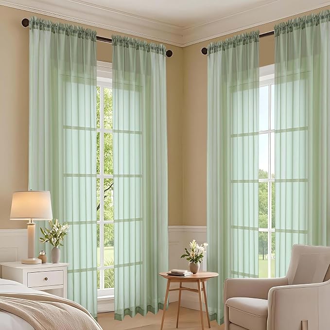 Sage Green Sheer Curtains 63 Inches Long 2 Panels Set, Light Filtering Sheer - Image 7