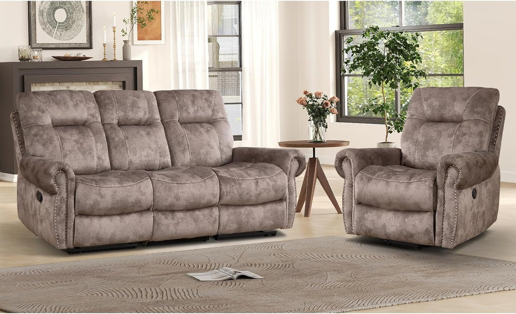 EBELLO 2 Pieces Reclining Couch Furniture Set for Living Room, 1 Seat Power Recliner and a 3 Seater Sofa, Vintage Rivet Mid-Century Design for Living Room, Brown