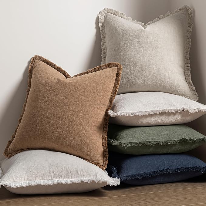 MIULEE Linen Fringe Decorative Throw Pillow Covers Natural Beige 18x18 | Set of - Image 5