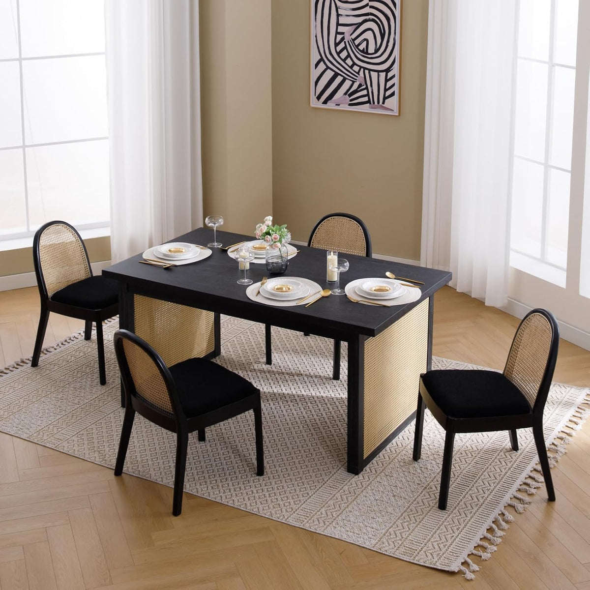 Mid Century Dining Chairs Set of 4, Accent Rattan Sherpa Fabric Side Chairs Kitchen Chair with Solid Wooden Legs for Living Room Dining Room, Black