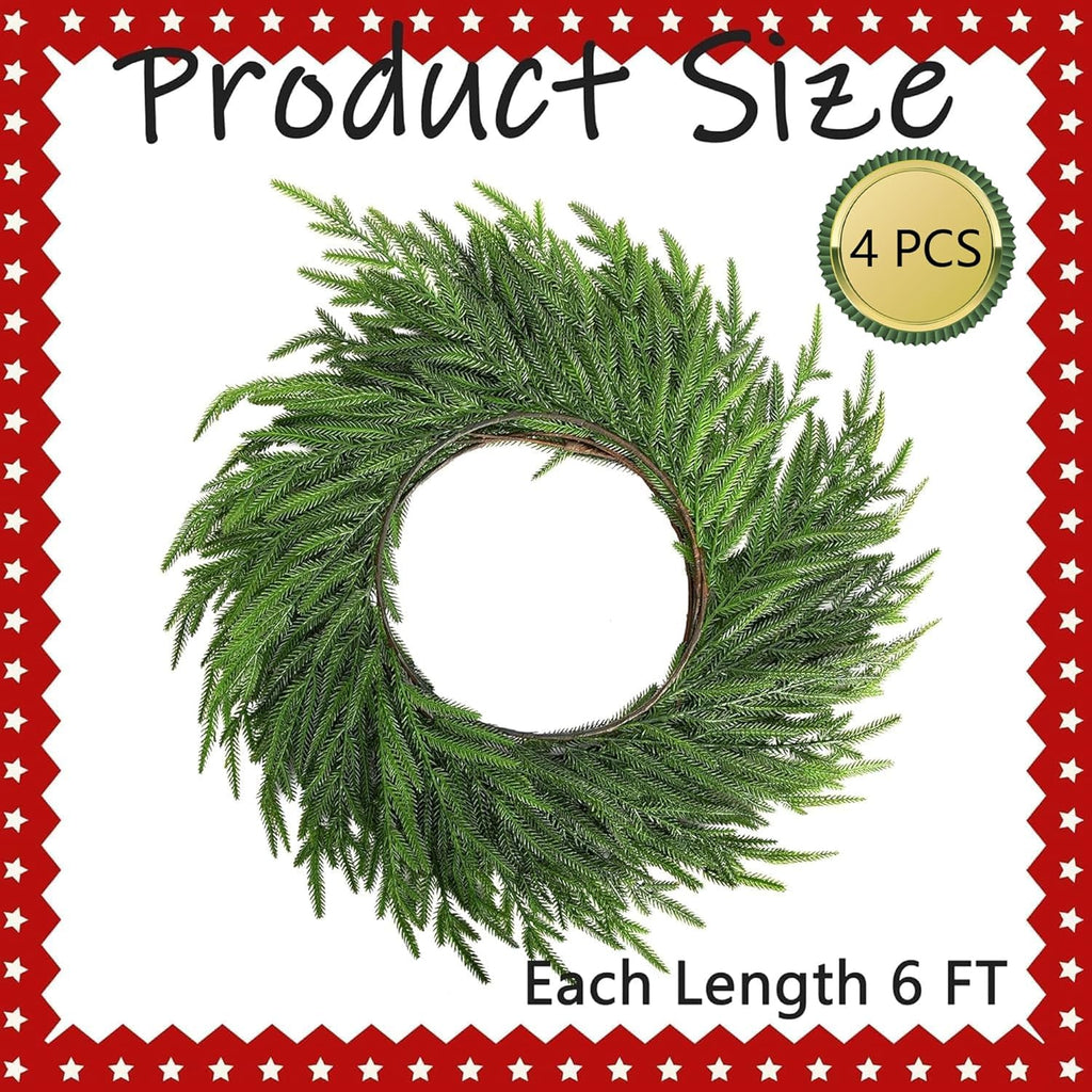 Watayo 4 Pcs Christmas Norfolk Pine Garland, 6 Ft Dense Real Touch Pine Garland Ornament, Realistic Artificial Pines Greenery Garlands for Mantle, Table, Fireplace, Indoor, Outdoor Xmas Decoration