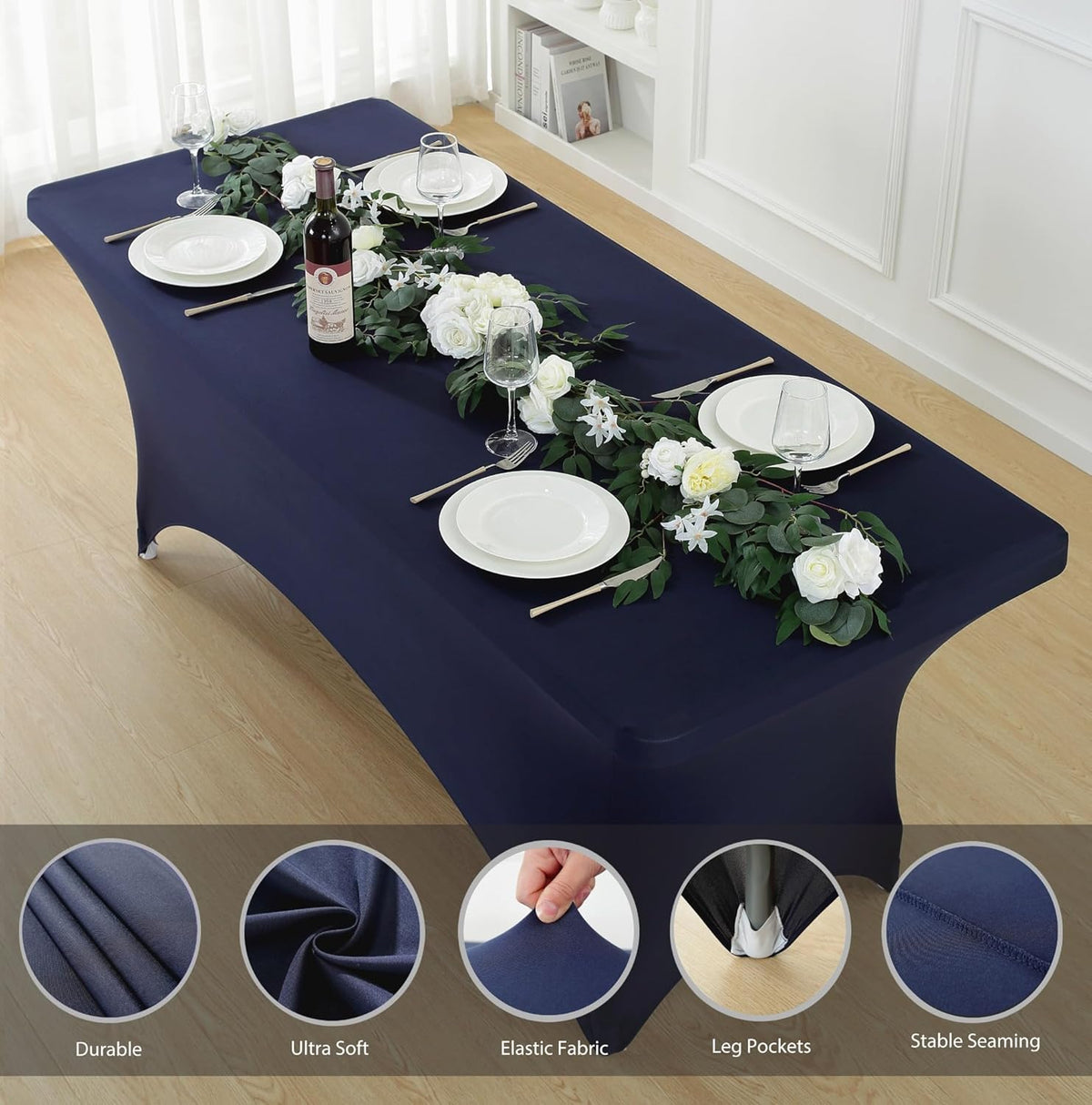 Craft And Party 2 Pack 6ft Navy Blue Spandex Tablecloth – Fitted Stretch Cover – Universal Fit for Folding Tables – Wrinkle-Free, Washable – Ideal for Parties, Weddings, Events