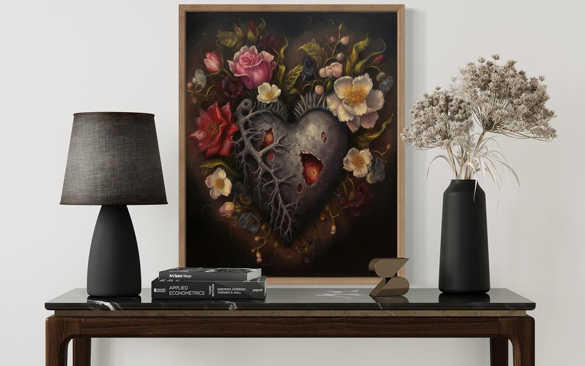 Gothic Heart Poster Art Print, Halloween Scary Vintage Wall Art Academia Spooky Painting Decoration for Horror Prints, Posters Bedroom Decor 89 (Gothic Heart, 8 x 10 inches, Wood Frame)