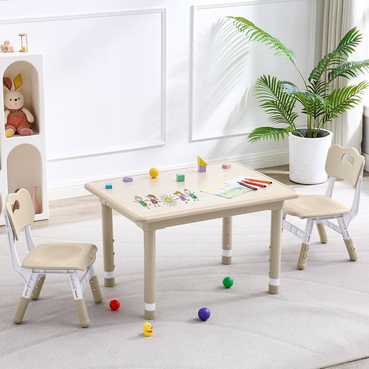 Kids Table and 2 Chairs Set, Height Adjustable (17.7"-26.1") Toddler Table and Chair Set, Multi-Activity Table with Graffiti Desktop, Children’s Table and Chairs for Classroom, Home & Daycare