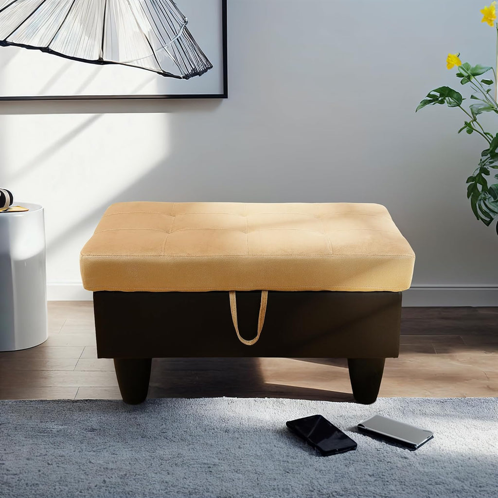 Ottoman Rectangular Storage Ottoman Bench, Flannel Footrest Stool Footstool with Lid for Living Room, Bedroom, Entryway, Champagne&Black, 35"x23.5"x17.5"