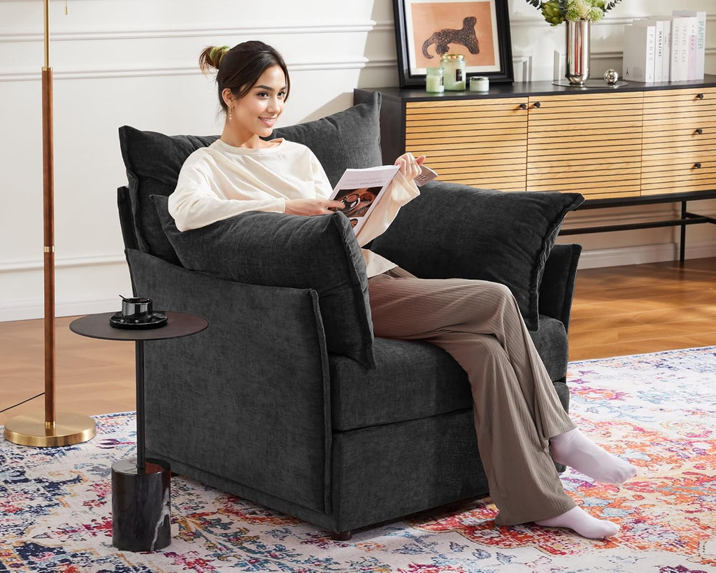 Oversized Accent Chair, Upholstered Modern Sofa Chair with Removable Backrest & Detachable Cover, 24.5" Deep Seat Large Reading Armchair for Living Room Bedroom Office - Chenille Black Set of 2