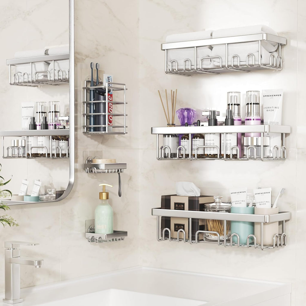 Veken Shower Caddy 6-Pack, Family Choice Award Winner, Large Wall Mounted Shower Rack, Bathroom Shelves Over Toilet, Organizer Storage Accessories with Soap Dish&Toothbrush Holder