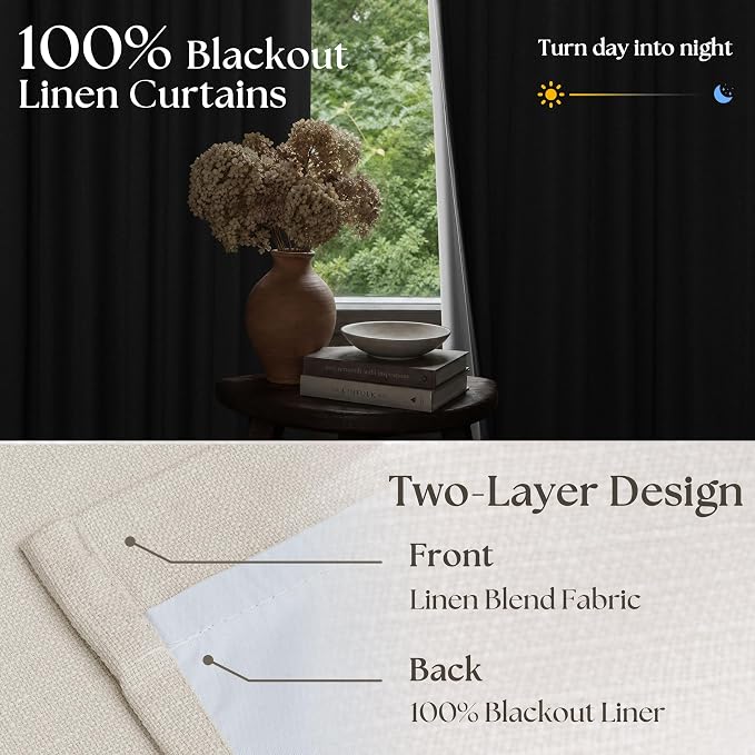 Natural Linen Blackout Pleated Curtains 108 Inches Long 2 Panels | Pinch Pleat - Image 2
