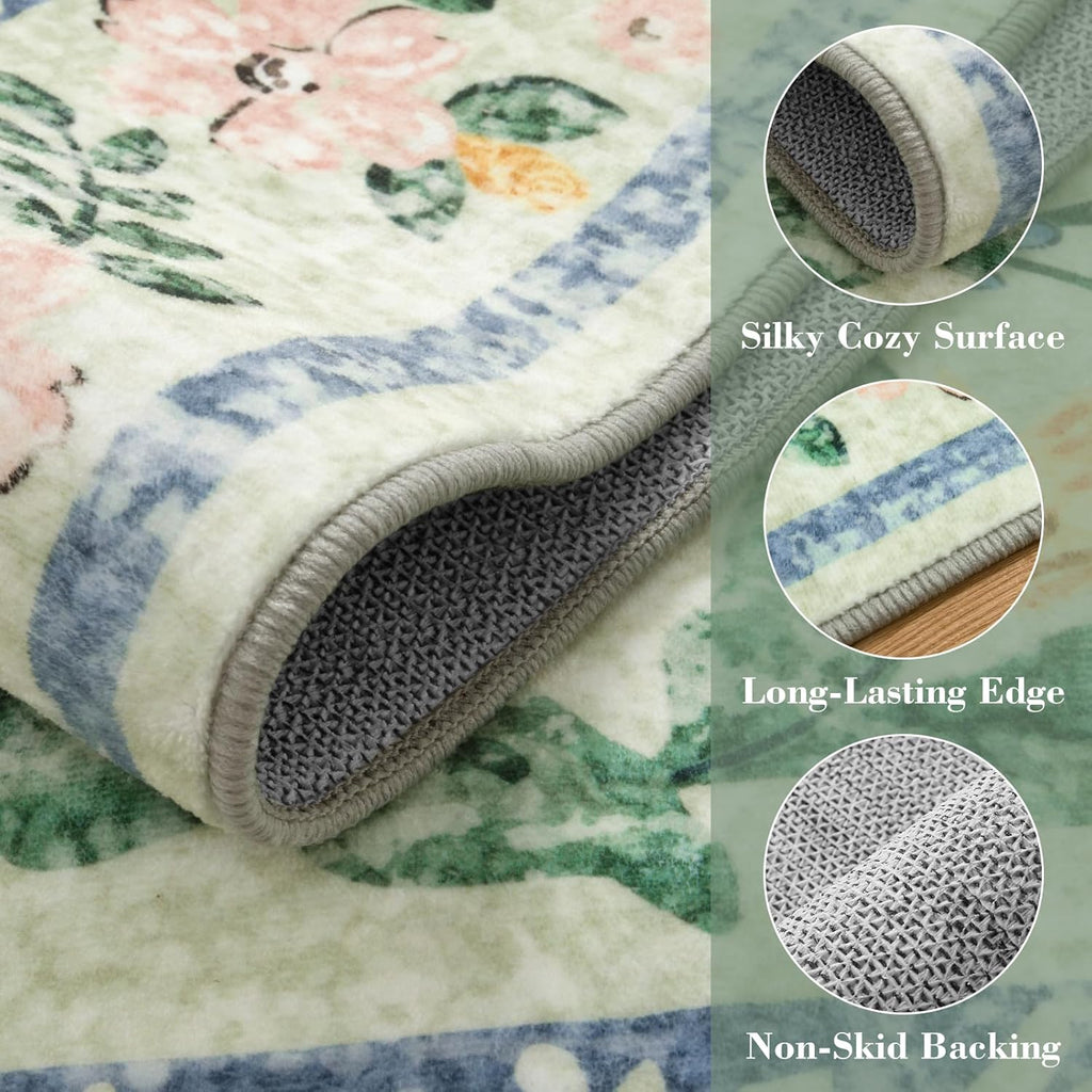 Wonnitar Washable Floral 6x9 Rug, Soft Green Area Rug Boho Non Slip Dining Room Carpet, Non-Shedding Flower Floor Carpets for Kids Bedroom Living Room Dorm Playroom