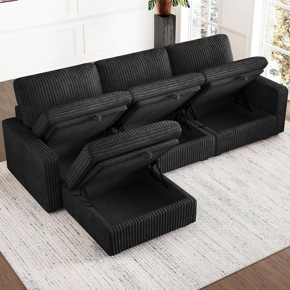 Belffin Modular Sectional Sofa with Storage Ottoman, Oversized Cloud Couch Sectional with Extra Deep Seat, Convertible L Shaped 4 Seater Sectional Couches for Living Room, Plush Corduroy Black