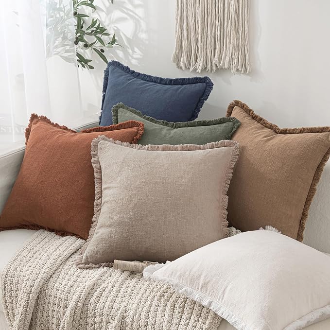 MIULEE Boho Natural Linen Fringe Decorative Euro Throw Pillow Covers 24x24 | - Image 2
