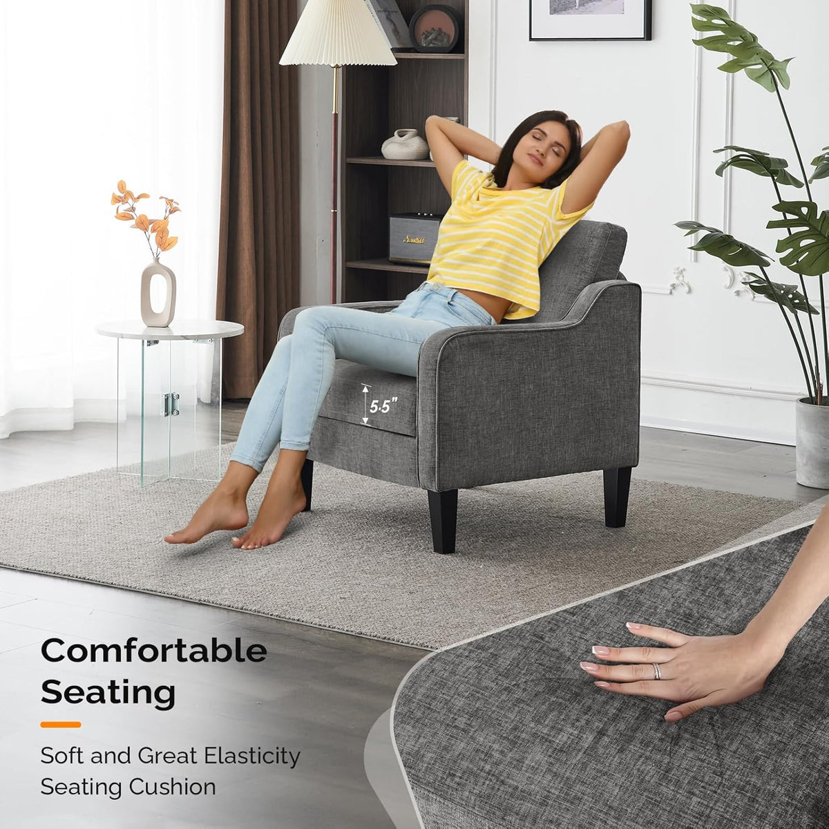 VINGLI Accent Chairs Set of 2 for Living Room, Light Grey Mid Century Modern Chair Soft Chenille Sofa Chair Upholstered Comfy Arm Chairs for Bedroom, Play Room, Apartment