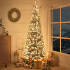 Naomi Home Salzburg 9ft Frosted Prelit Slim Artificial Christmas Tree with 1455 Branch Tips, 500 Warm Lights and Metal Stand, 37" Wide Realistic Snow Flocked Skinny Pencil Christmas Tree
