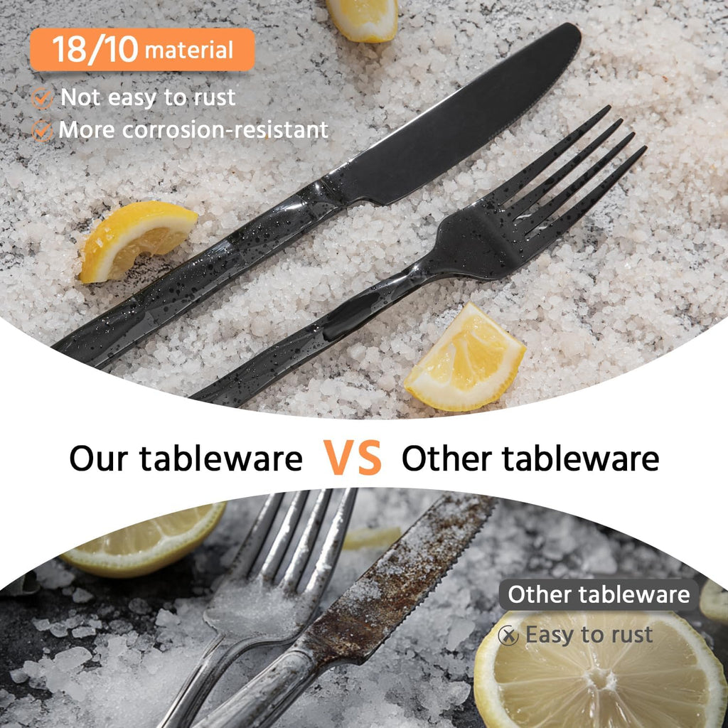 KINGSTONE Black Silverware Set, Luxury 60 Piece Flatware Set for, 18/10 Stainless Steel Cutlery Set with Diamond Cut Pattern for Kitchen, Home, Wedding, Party, Mirror Polished and Dishwasher Safe