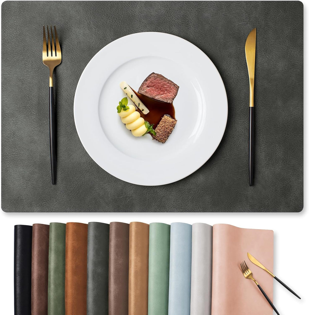 MOSAYT Vinyl Placemats Set of 4-12 X 17 Inch - Faux Leather 100% Waterproof Oil-Proof Wipeable PU Place Mats, Heat Resistant Reversible Table Mats for Kitchen, Dining, Outdoor (Dark Grey)