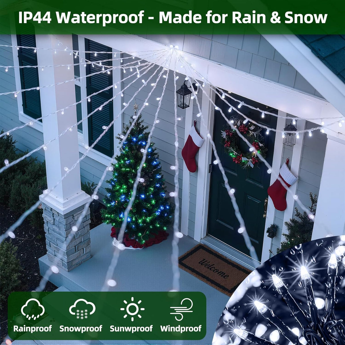 300LED Christmas Lights Outdoor Indoor Use, 12 Lighting Modes 75ft Christmas Tree Lights with Timer, Dimmable Cool White LED StringLights Waterproof for Yard Tree Wedding Party Holiday Cool White