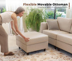 91.5" Faux Leather Modular Sectional Sofa, L Shaped Couch Set for Living Room, 3-Seater Comfy Cloud Couches with Movable Storage Ottoman,DIY Combination - Whitesand
