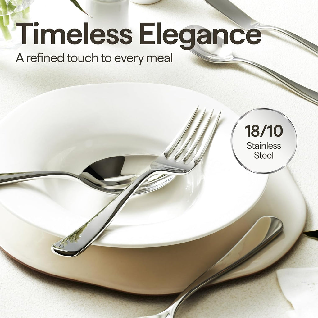 Luciella Tropea Polished Flatware Set for 8, 45-Piece Premium 18/10 Stainless Steel Silverware Set with Serving Utensils, Modern Mirror Finish, Rust Resistant, Dishwasher Safe