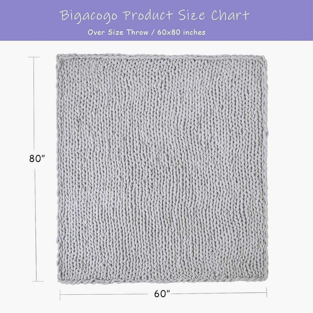 Bigacogo Chunky Knit Throw Blanket for Couch, 60x80 inches, 100% Hand Knitted with Thick Jumbo Chenille Yarn, Cozy Soft Large Rope Knot Cable Crochet Blankets for Sofa Bed Living Room, Light Grey