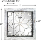4pcs Farmhouse Wall Mirror with Carved Floral Design -Rustic Mirror Decor for Home, 12x12 inch(Grey)