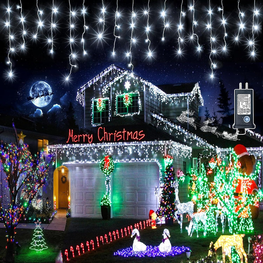 Icicle Christmas Lights Outdoor - 66ft 640 LED Icicle Lights for Outside 8 Modes with 120 Drops, Waterproof Plug in Fairy String Lights for Party Holiday Wedding Christmas Decoration, Cool White